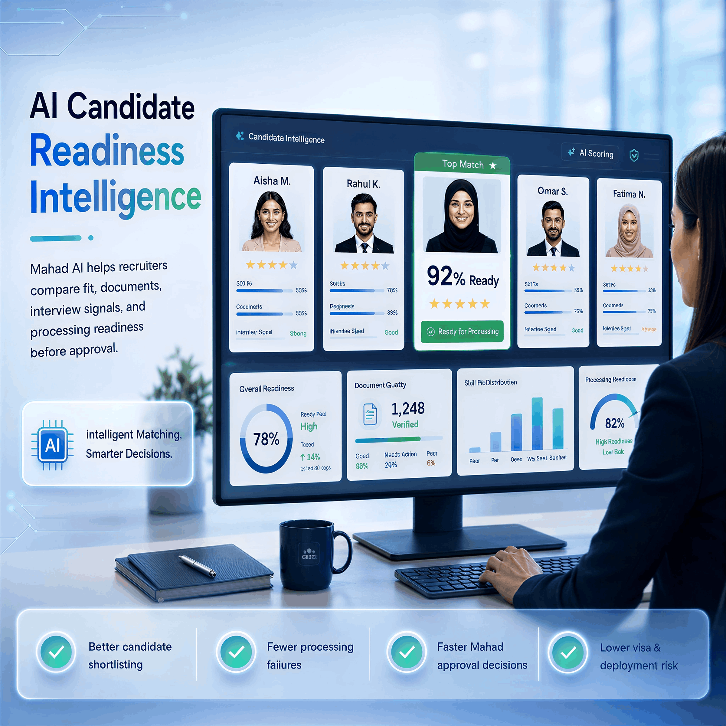 AI Candidate Readiness Intelligence dashboard — skill fit, document quality, interview signal, processing readiness and a 92% ready top match